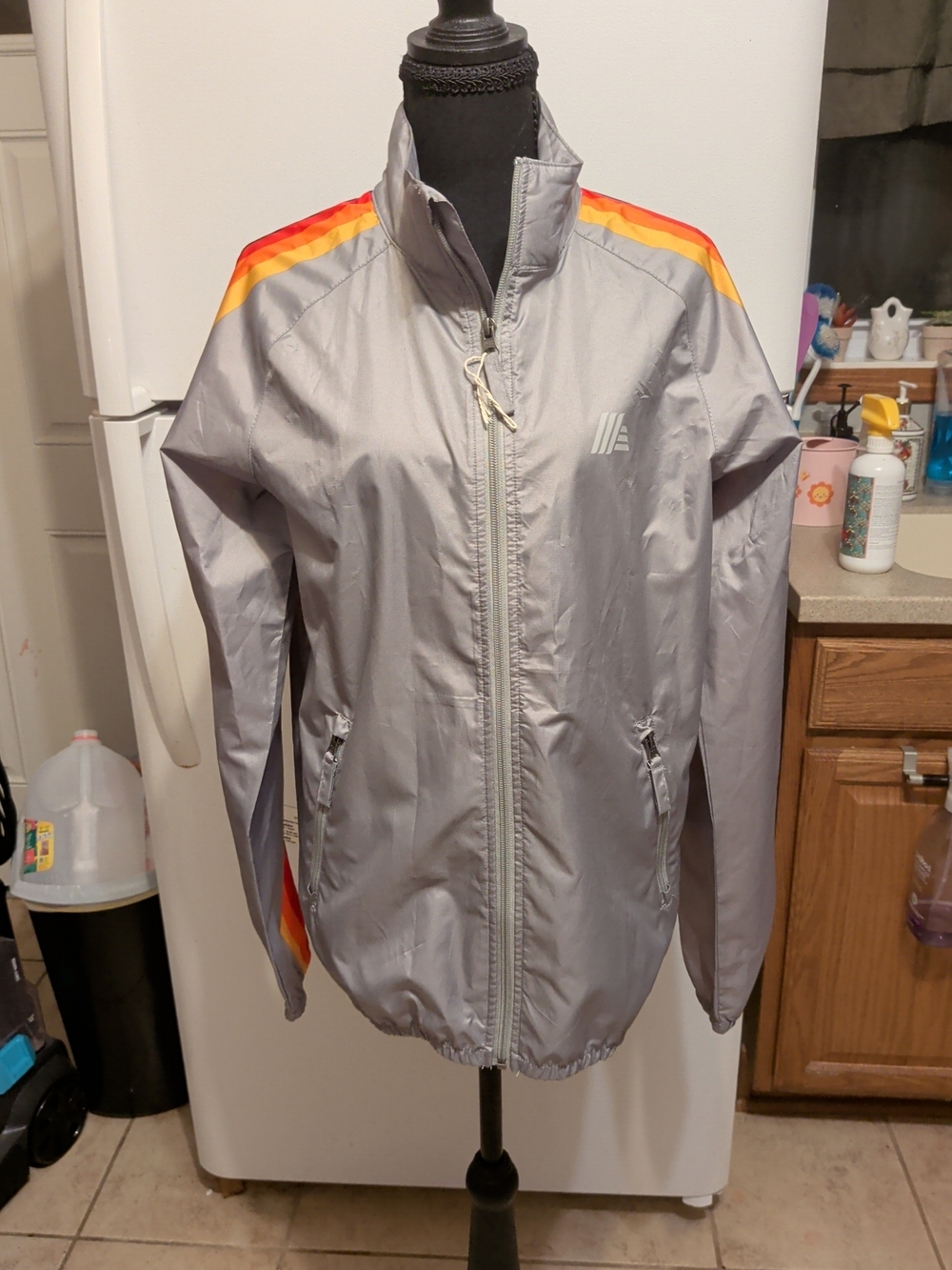 Men's Gray Windbreaker Jacket with Orane and Yellow Shoulder Stripes Vintage